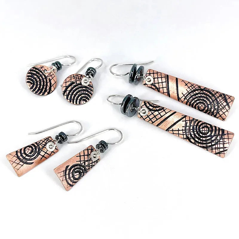 beautiful copper earrings, with textures and stones