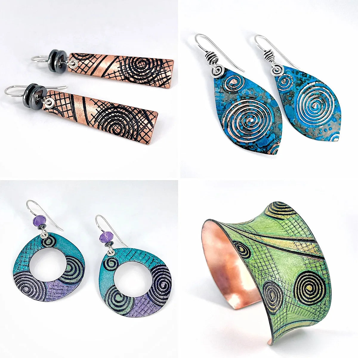 A variety of color and patina copper earrings with a colorful green copper bracelet