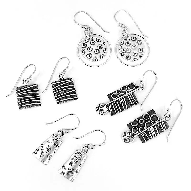 Sterling siver earrings, stripped, stamped, dangles, circles and lines