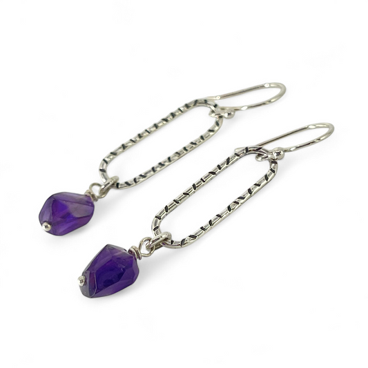 Sterling Silver Oval Hoop Earrings with Amethyst