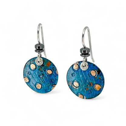 Kristin Christopher Circle Copper Blue Patina and Sterling Earrings front view