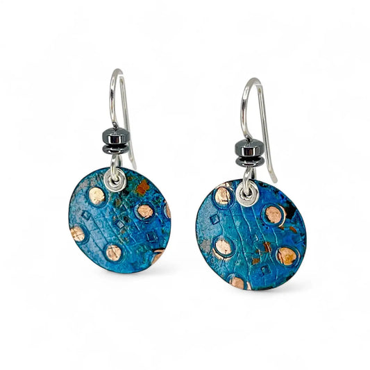 Kristin Christopher Circle Copper Blue Patina and Sterling Earrings front view