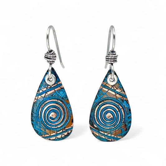 Teardrop Copper Blue Patina and Sterling Earrings front view