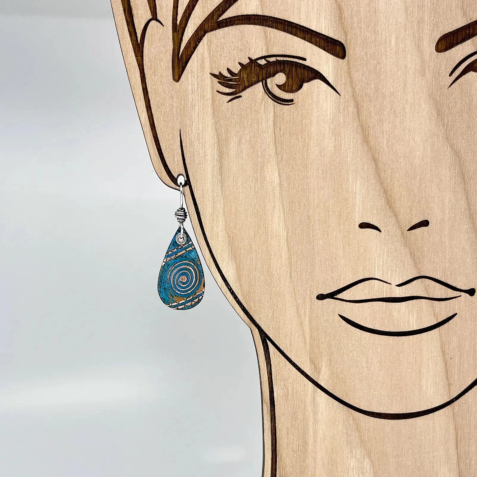 Teardrop Copper Blue Patina and Sterling Earrings by Kristin Christopher on model