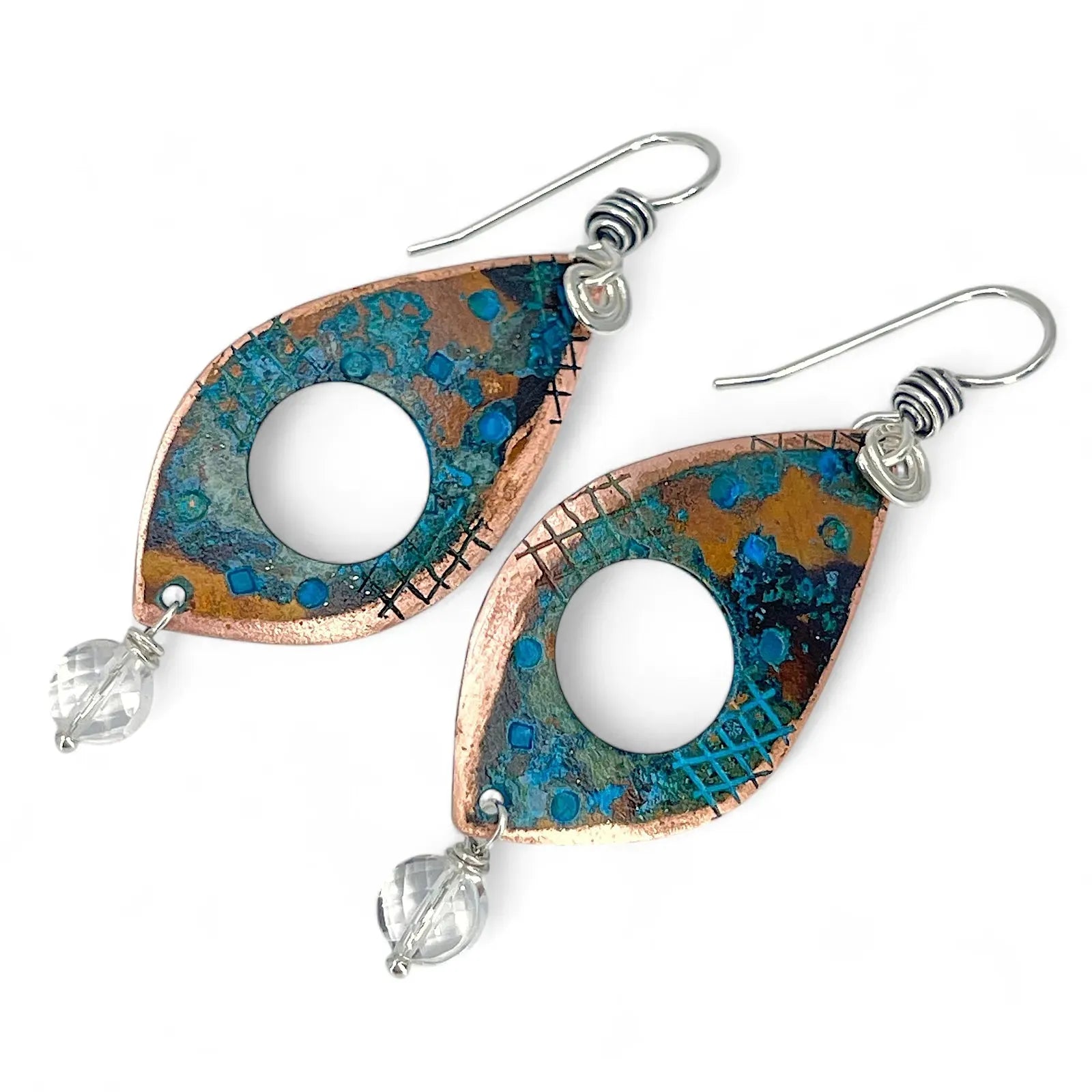 Dangle Copper Blue Patina Earrings with Clear Quartz by Kristin Christopher