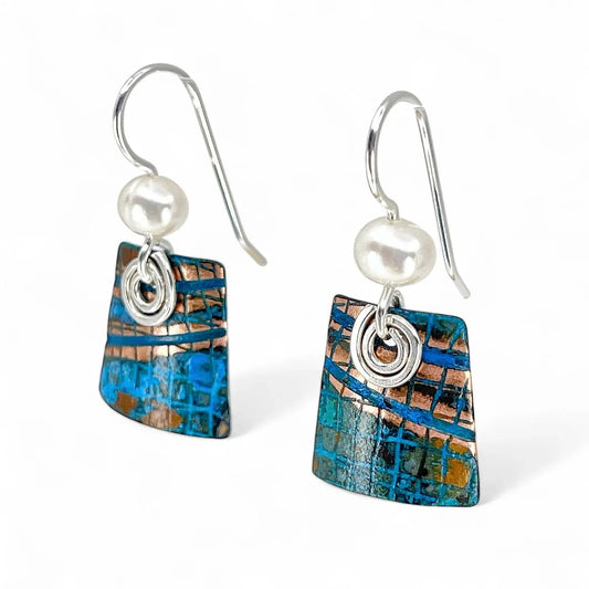 Small Rectangle Copper Blue Patina and Sterling Earrings by Kristin Christopher front Side view