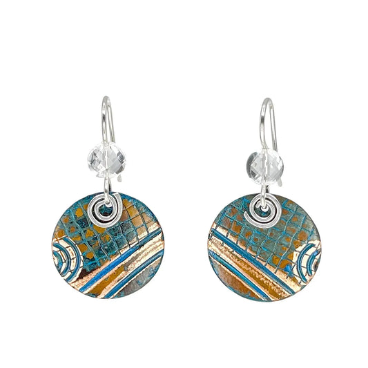 Circle Blue Patina and Sterling Earrings front view by Kristin Christopher