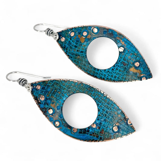 Leaf shaped Copper Blue Patina Earrings front view