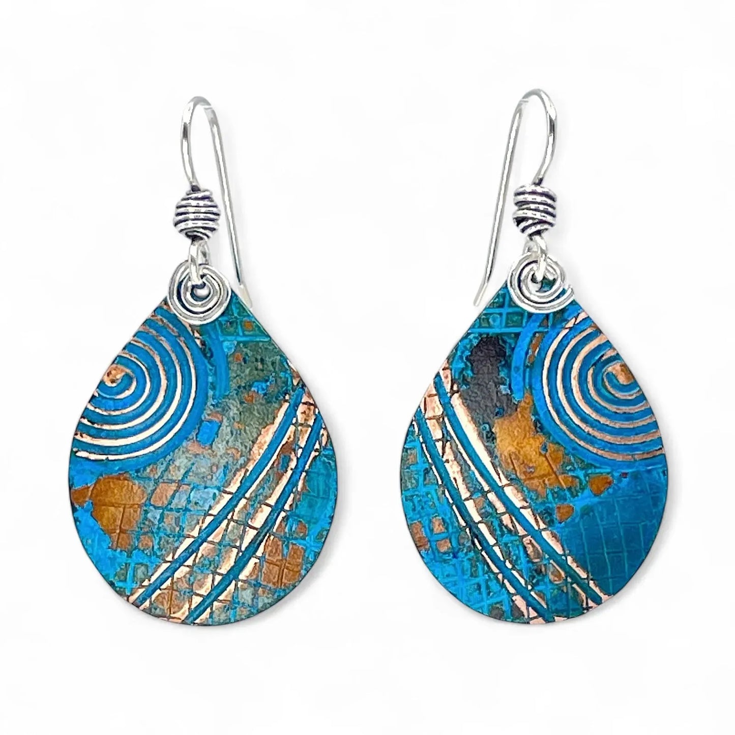 Teardrop Copper Blue Patina Earrings front view by Kristin Christopher