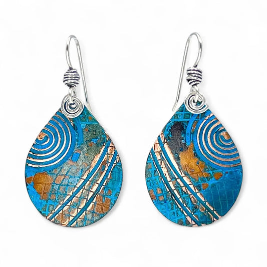 Teardrop Copper Blue Patina Earrings front view by Kristin Christopher