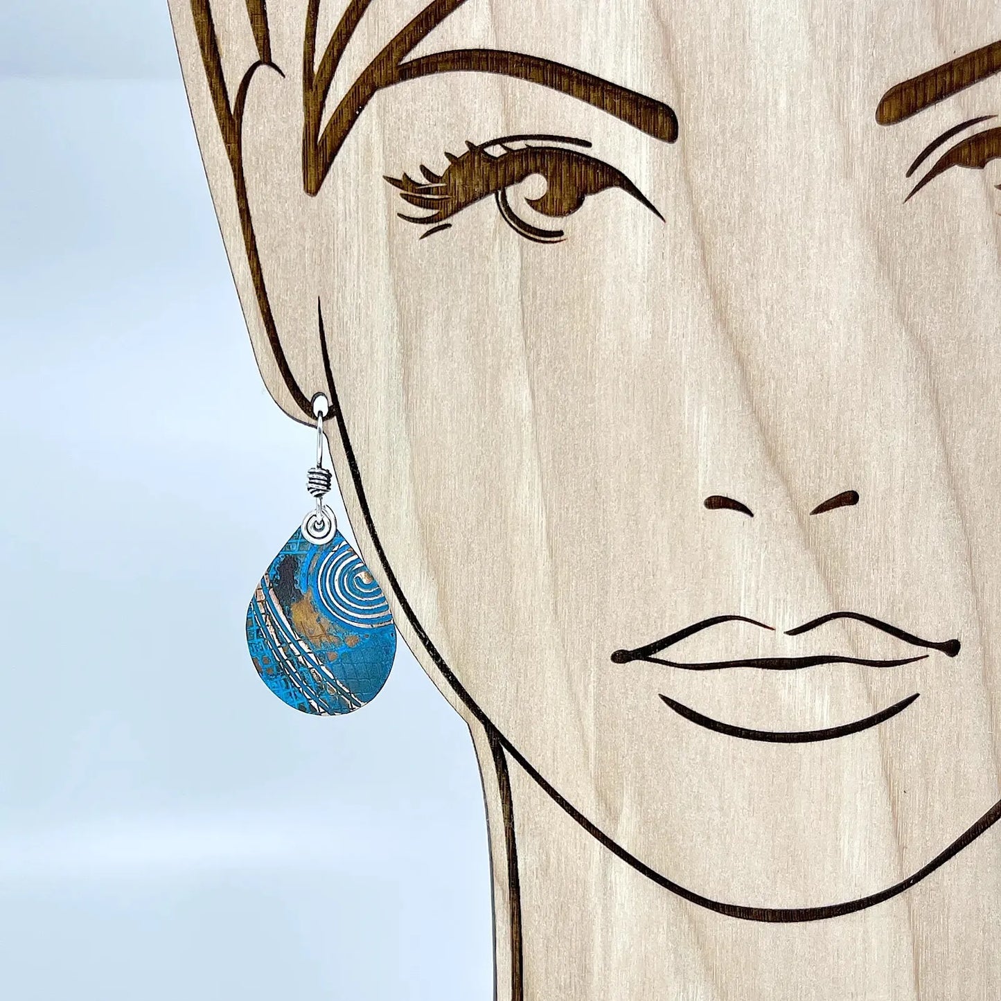 Teardrop Copper Blue Patina Earrings by Kristin Christopher view on model