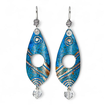 Copper Blue Patina and Sterling Earrings with clear quartz by Kristin Christopher front view