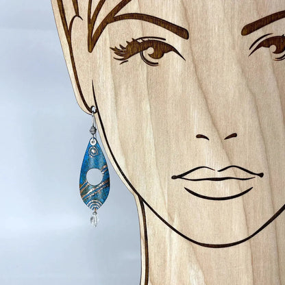 View on model - Copper Blue Patina and Sterling Earrings with clear quartz 