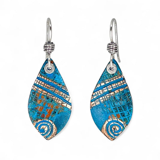 Leaf Copper Blue Patina and Sterling Earrings by Kristin Christopher front view