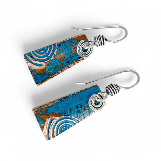 Rectangle Copper Blue Patina Earrings by Kristin Christopher - front view