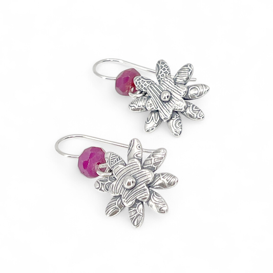 Sterling Flower Earrings with Rubies