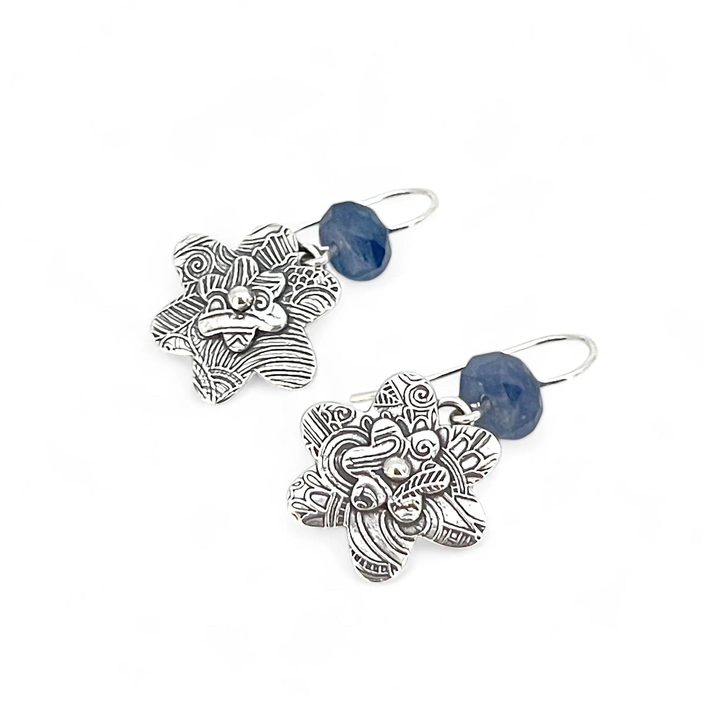 Kristin Christopher Sterling flower earrings with kyanite gems front view