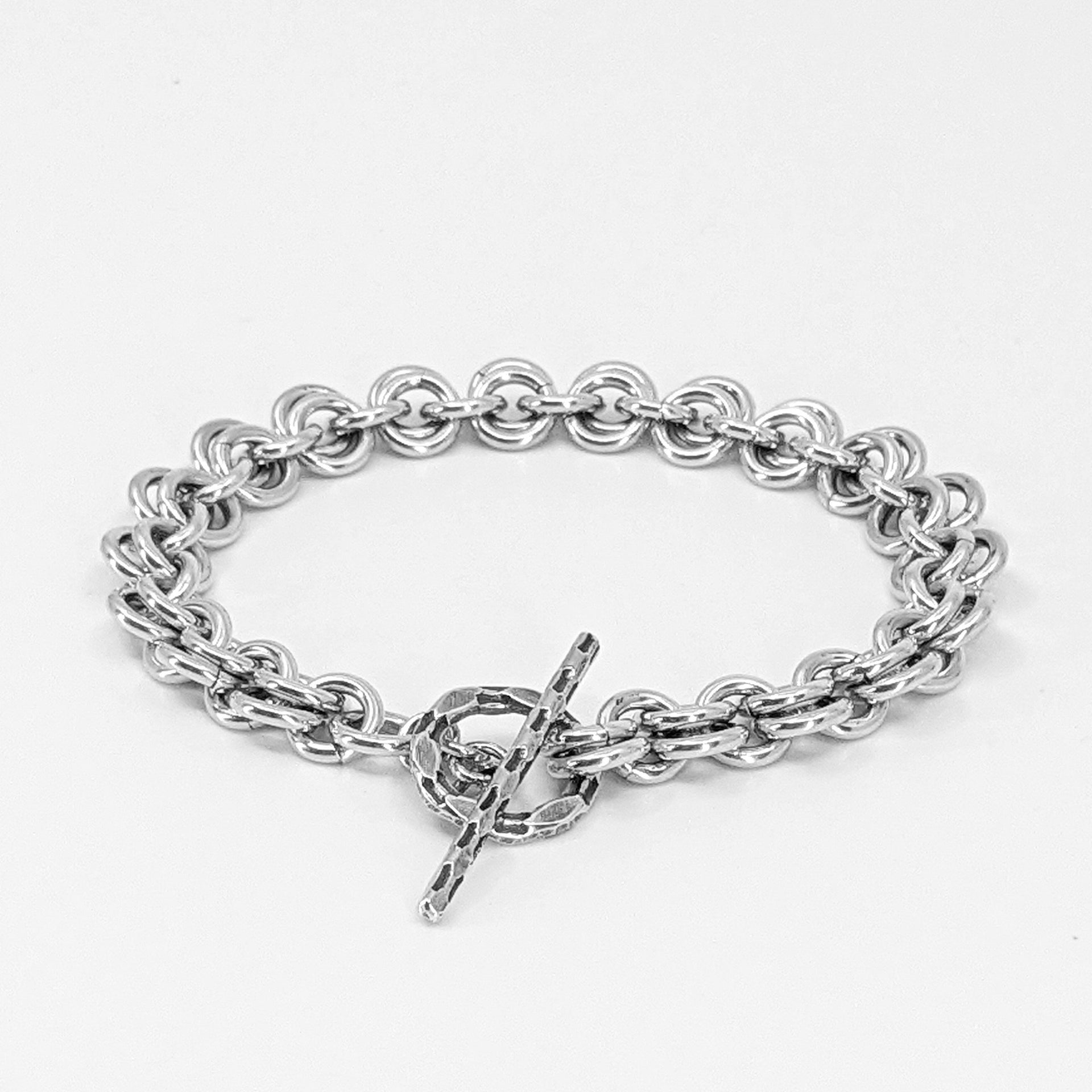 Sterling Silver Byzantine Chainmail Bracelet with Hand-Stamped Spinners Small - 7.5 Inches