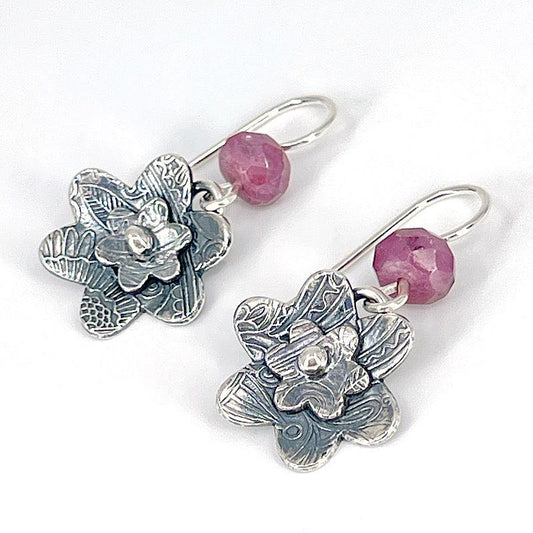 Sterling Silver Flower Earrings with Rubies - Kristin Christopher