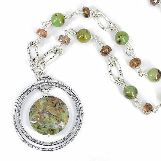 Sterling Silver Necklace with Rhyolite, Jade & Brown Sunstone - Kristin Christopher