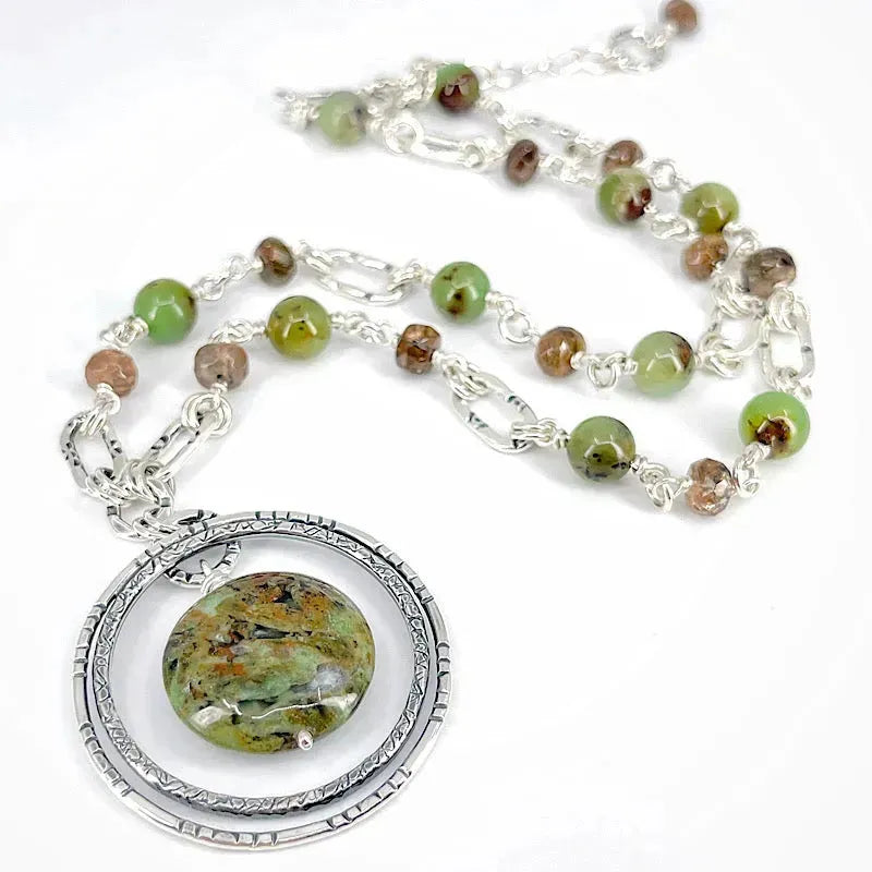 Sterling Silver Necklace with Rhyolite, Jade & Brown Sunstone - Kristin Christopher