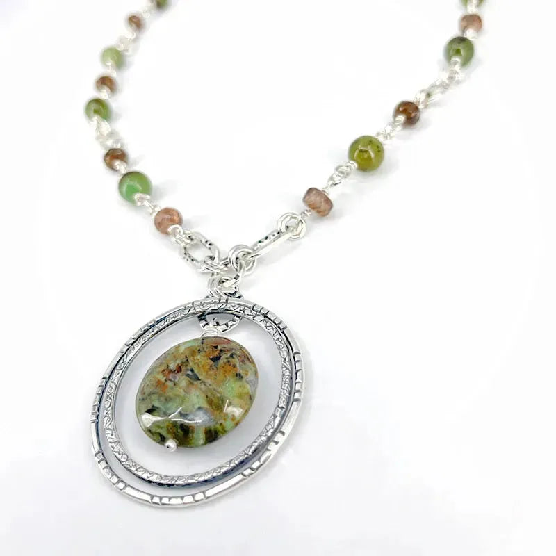 Sterling Silver Necklace with Rhyolite, Jade & Brown Sunstone - Kristin Christopher